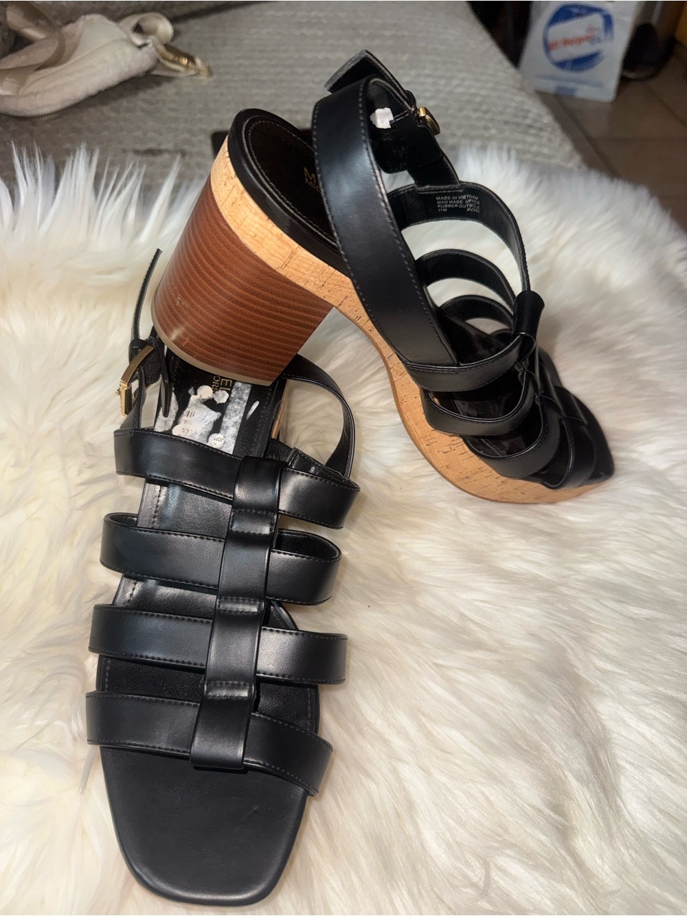 Michael Kors Black Strappy Cork Block Heel Sandals